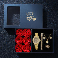 Set De Moda Para Mujer 6 Piezas Reloj Pulsera Con Collar Y Aretes Joyería De Lujo Con Diamantes Regalo De San Valentín - details 5