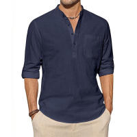 Camisa De Algodón Y Lino Para Hombre Manga Larga Estilo Casual Para Playa Camiseta Henley Con Bolsillo Top De Vacaciones Streetwear - details 3