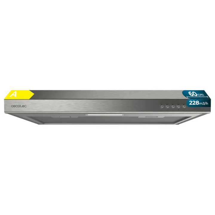 Campana extractora convencional Cecotec Bolero Flux cm 602100 inox a, 60cm de ancho, acabado en acero inoxidable, motor DC, eficiencia energética clase A, 210 m³/h, luz LED y filtro de aluminio. - 1