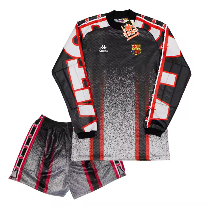 Kappa Set Equipación Portero Vitor Baia FC Barcelona 1996 97 Conjunto Camiseta y pantalón corto escudo Barça para bordado manga Negro Gris y rojo con número 1 Original Nueva con Etiquetas para coleccionistas vintage Barça legendario fan merchandising - 1