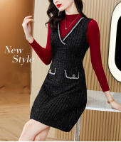 EVNISI Conjunto De Dos Piezas Chaleco Vestido Tweed Slim Para Oficina Chic Vestido De Fiesta Para Mujer Otoño Invierno - details 1