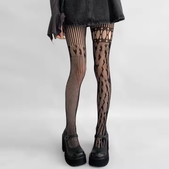 Medias De Un Pie En Y2K Estilo Millennial Con Patrón De Corazón En Punto De Tul Y Estriado Negro Para Mujer - 1