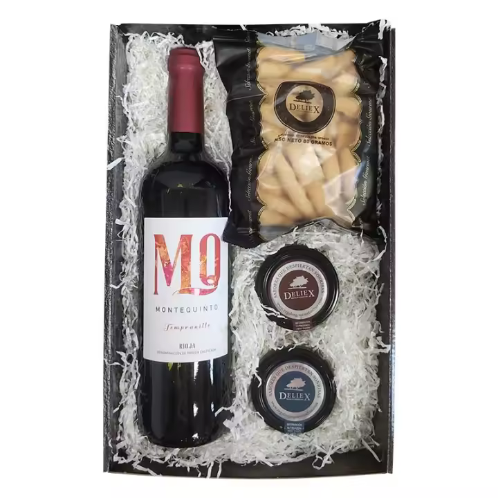 Deliex. Cesta de Navidad con vino y patés. Lote económico para regalo de cumpleaños con estuche de regalo y virutas de papel blanco para decorar y proteger los productos. - 1