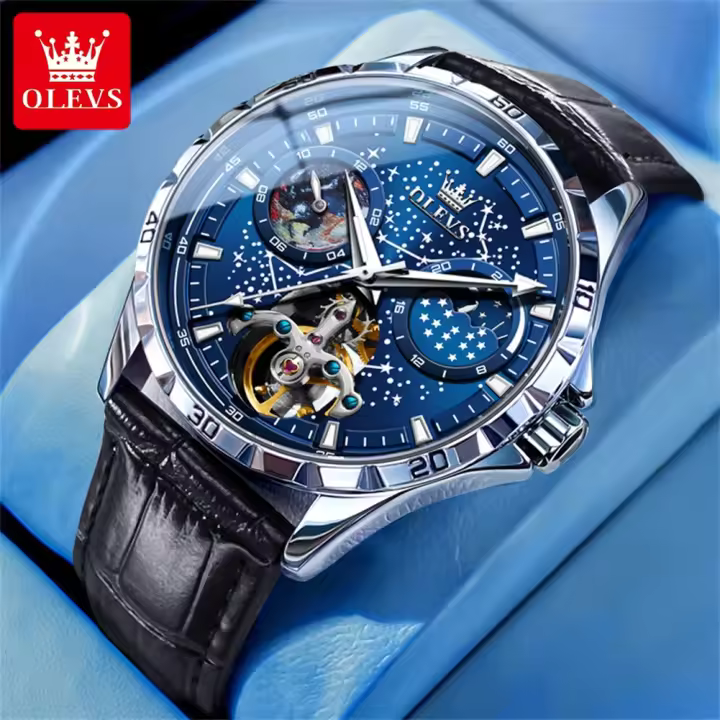 Reloj Mecánico Automático Para Hombre OLEVS Luminoso Resistente Al Agua Con Fase Lunar Y Múltiples Funciones Acero Inoxidable Sin Numeración - 1