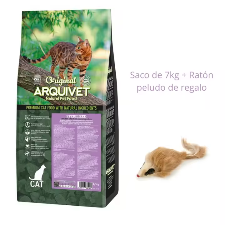 Pienso para gatos Original - Sterilized - esterilizados - Pollo y arroz - 7 Kg + Ratón peludo de regalo (501177) Comida seca para gatos Arquivet - 1