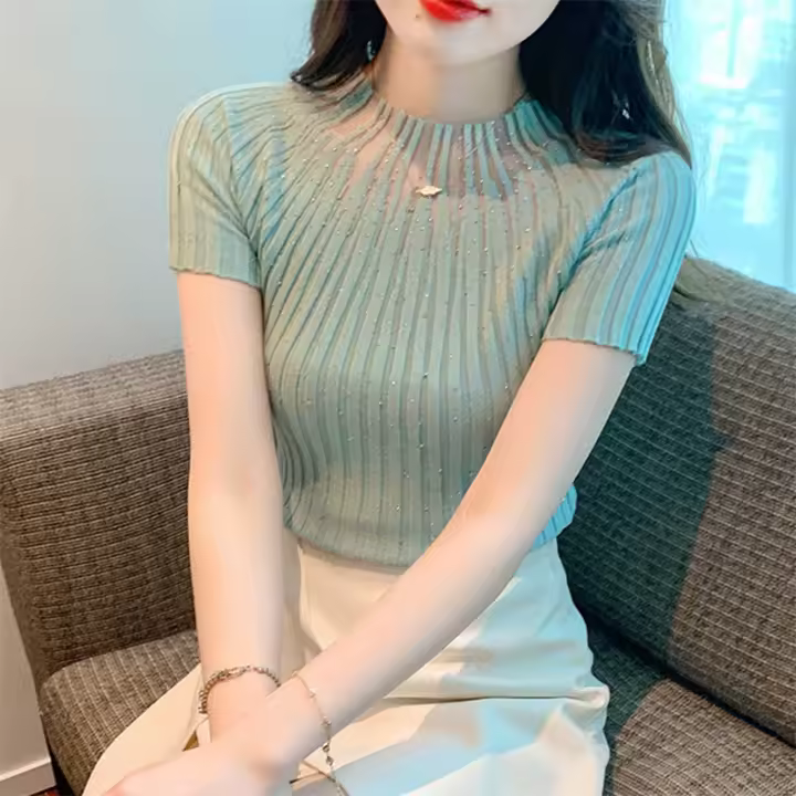 Top De Punto Para Mujer Con Cuello Medio Y Manga Corta Estilo Casual Con Brillantes Polyester Stretch Medio Para Todas Las Estaciones - 1