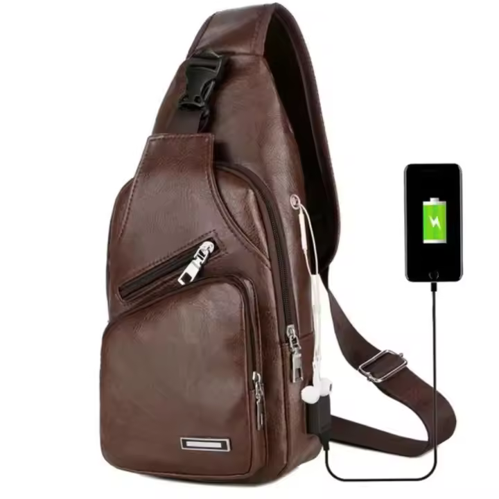 Bolso De Pecho Para Hombre Casual De Color Sólido PU Multifuncional Con Carga USB Cierre De Cremallera Para Comunicación - 1