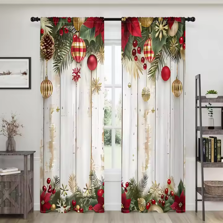 2 Piezas Cortinas De Navidad Con Fondo De Madera -30% Blackout Adecuadas Para Sala De Estar Dormitorio Cocina Decoración Del Hogar Técnica Tejida Clásica 100% Poliéster - 1