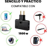 Pack 2 Ladron Enchufe Plano de 3 Tomas Diseño Fino: Ideal para Espacios reducidos Cabezal Giratorio 180º Adaptador Americano y Europeo Sello CE 250 V Toma Tierra 10A () - details 3