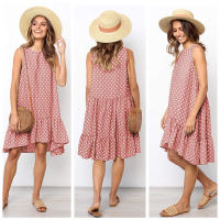 Vestido De Polka Dot Con Volantes Para Mujer Sin Mangas Cuello Redondo Corte Largo Casual Vestido De Verano De Polyester - details 9