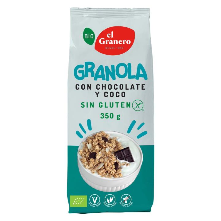 El granero integral - organic gluten-free chocolate and coconut granola - 350 g - source of fiber and essential nutrients - improves intestinal health - ideal for breakfast - suitable for vegans