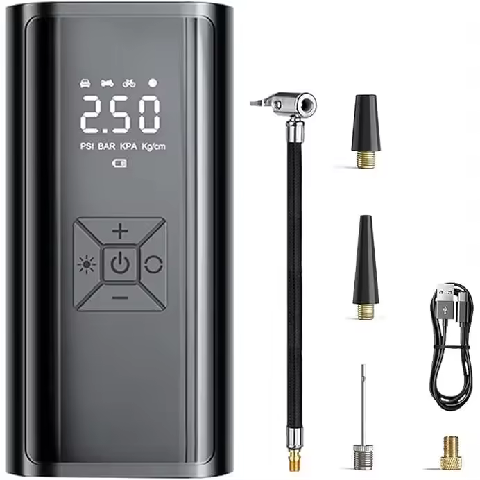 Compresor de aire portátil para neumáticos de coche, inflador rápido con pantalla digital de presión precisa y luz LED. Carga y doble uso con encendedor de cigarrillos para motocicleta, bicicleta, balones y juguetes infantiles. - 1
