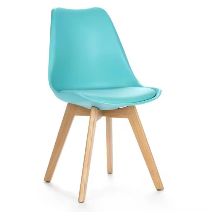 Silla TORRE 4patas ( SU ), madera, polipropileno y cojín turquesa 4 sillas -Silla de diseño multiusos. -Carcasa de polipropileno de color turquesa -Asiento con cojín de similpiel turquesa -Base de 4 patas de madera maciza de haya - - 1