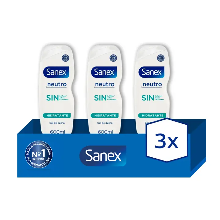 Gel de Ducha Sanex Neutro Hidratante Todo Tipo de Piel 600ml Pack de 3 | Hidratación Duradera y Suave. Cuida tu piel, manténla suave e hidratada. - 1