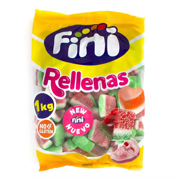 Fini Rellenas Tajada Sandia - Bolsa de 1 Kg - Golosinas con Relleno Cremoso - Sabor Intenso a Sandia - Sin Gluten - 1
