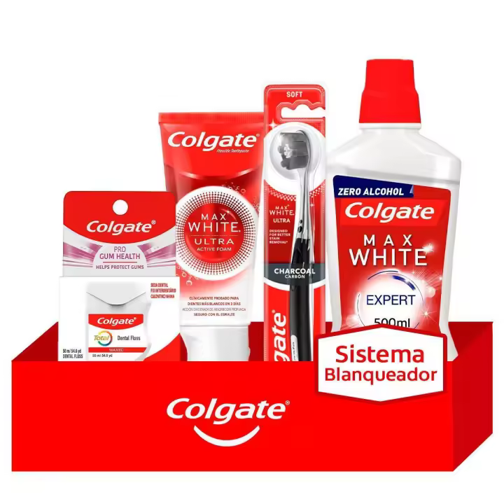 COLGATE Rutina de blanqueamiento Max White para dientes más blancos: pasta de dientes, cepillo de dientes, enjuague bucal y seda dental - 1