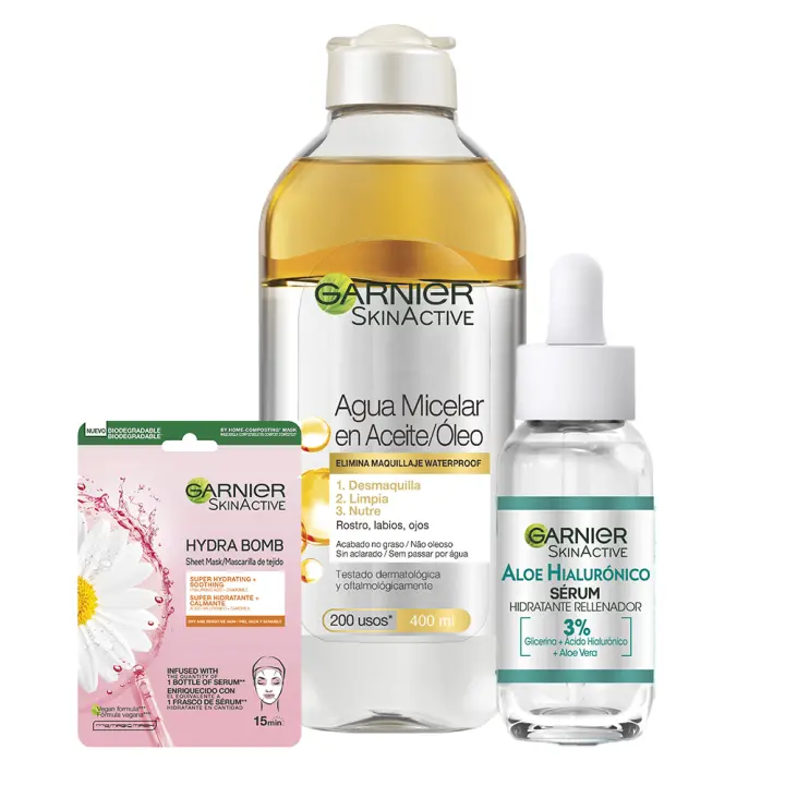 GARNIER | Rutina Calmante con Agua Micelar en Aceite de 400ml + Sérum hidratante rellenador de Aloe Vera 30ml + Mascarilla Facial Hydra Bomb con camomila y ácido hialurónico para hidratar y calmar la piel - 1