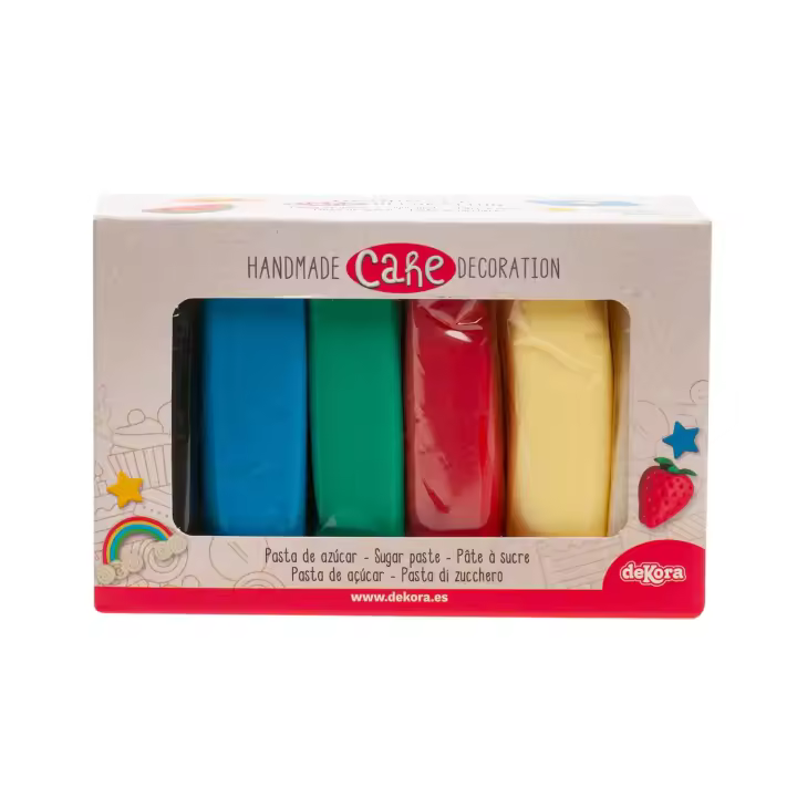 dekora - Pack de 6 Fondants de Colores Primarios - Pasta de Azúcar para Tartas y Cupcakes - Blanco, Rojo, Azul, Verde, Amarillo y Negro - Fácil de Modelar - Apto para Vegetarianos - 6x100g - 1