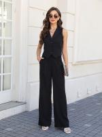 Conjunto De Dos Piezas Para Mujer Chic Con Detalles De Botón Y Cuello En Vests Y Pantalones Ajustados Versátil Para El Trabajo Y Soberbio - details 5
