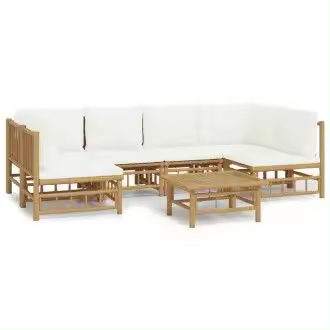 VIDAXL 3155198 juego de sofá y mesa para jardín de 7 piezas fabricado en bambú con cojines de color blanco vida xl - 1