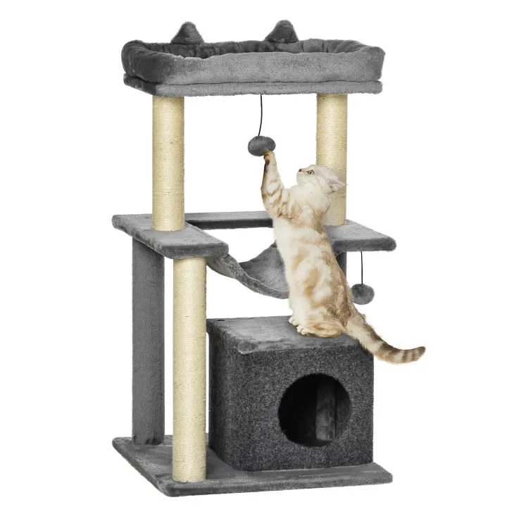 PawHut Árbol Rascador para Gatos Altura 90 cm Árbol para Gatos Torre para Gatos de 3 Niveles con Nido Hamaca Plataforma Bolas Colgantes y Poste de Sisal 48x48x90 cm Gris - 1