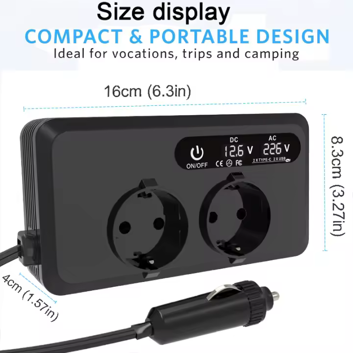BIT Inversor de Alimentación de automóviles 200W DC 12V a AC 220V 2X Puertos USB 2X Tipo C Convertidor Automático - 1
