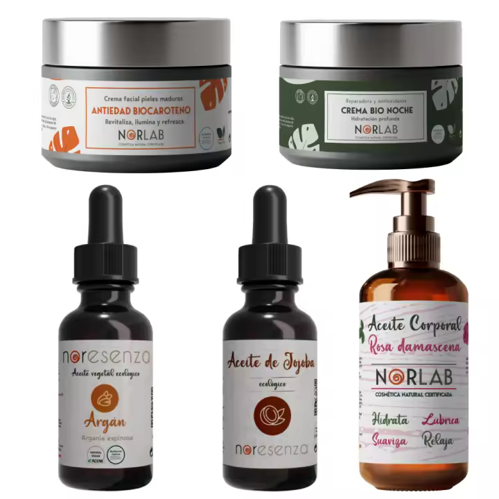 Noresenza Pack Hidratación Natural BIOSENSITIVE - Crema facial Biocaroteno + Crema facial Bio Noche + Aceite de jojoba  + Aceite de Argán + Aceite de rosa de damasco - 1
