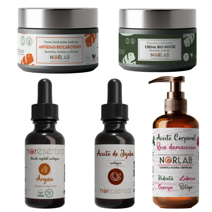 Noresenza Pack Hidratación Natural BIOSENSITIVE - Crema facial Biocaroteno + Crema facial Bio Noche + Aceite de jojoba  + Aceite de Argán + Aceite de rosa de damasco - 1