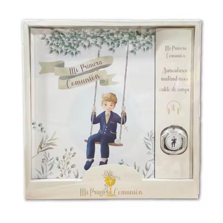 LIBRO NIÑO COLUMPIO PRIMERA COMUNIÓN FIRMAS, ALBÚM CON AURICULARES INALÁMBRICOS - 1
