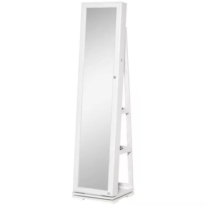 HOMCOM Espejo Joyero de Pie Armario de Joyería Giratorio 360° Organizador de Joyas con Cerradura y Espejo Pequeño Incorporado Carga 20 kg 38x38x160 cm Blanco - 1