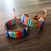 Pulsera Bohemia Multicolor De Piedra Emperador 7 Chakras Hecho De Piedras Rectangulares Y Cordón De Cuero Joyería Para El Pulgar - details 0