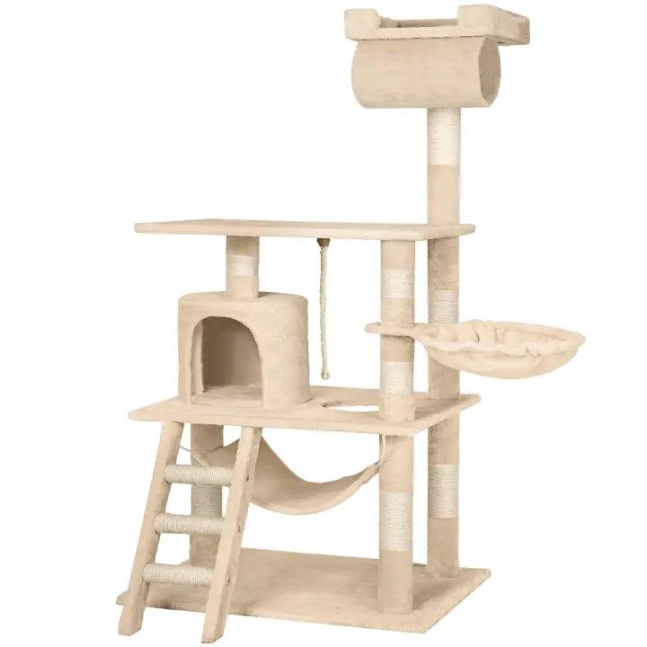 Tectake - Rascador para gatos STOKELEY, Altura 141 cm, Nido giratorio, hamaca y cordón, Práctico árbol rascador, Incluye sistema antivuelco, Múltiples opciones para jugar, afilarse las uñas y descansar - 1