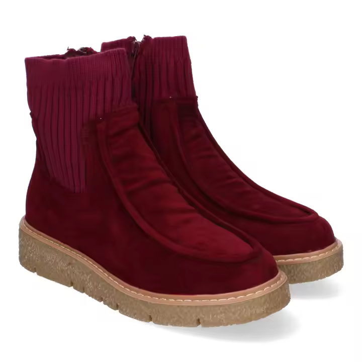 PuntoSalao Botines planos cómodos tejido elastico para mujer color burdeos YZ24-018 :  Unos Botines de Mujer Cómodos y Elegantes Tejido Elástico y Cierre de Cremallera Lateral Ideales para Toda Ocasión - 1
