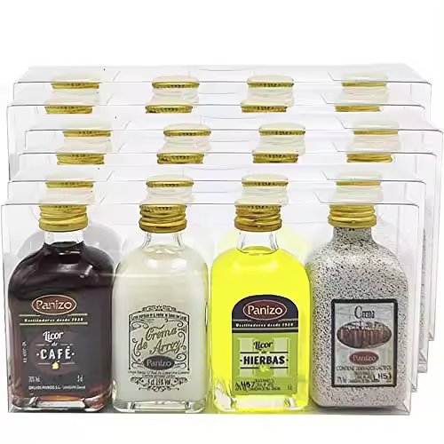 Panizo. Caja de 14 estuches de licores Panizo para regalar. Licores miniaturas de 20 cl. de Licor de Hierbas, Crema de Orujo, Crema de Arroz y Caramelorujo - 1