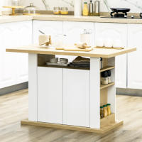 HOMCOM Isla de Cocina, para 4 Personas, Mueble de Cocina Multifuncional, Mesa de Comedor con 4 Puertas, Compartimentos Abiertos, Estante Ajustable, 110x70x75,5 cm, Roble y Blanco - details 1