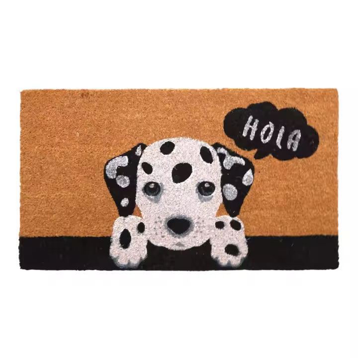 DISTRIBUX Felpudo Hola dálmata Para Puerta Entrada de Casa Base Goma Antideslizante Material Fibra de Coco 100% Natural Decoración Hogar 40 x 70 cm Alfombrilla Fibra de Coco Original y Divertida - 1