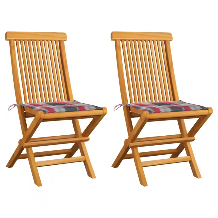 vidaXL Sillas de jardín 2 uds madera teca con cojines a cuadros rojos - 1