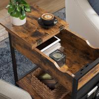 Mesa Auxiliar con Enchufes y Puerto USB - Mesita de Noche con Tablero Plegable, Estante y Bolsa de Tela, Estilo Vintage, Marrón/Negro, para Salón y Dormitorio - details 4