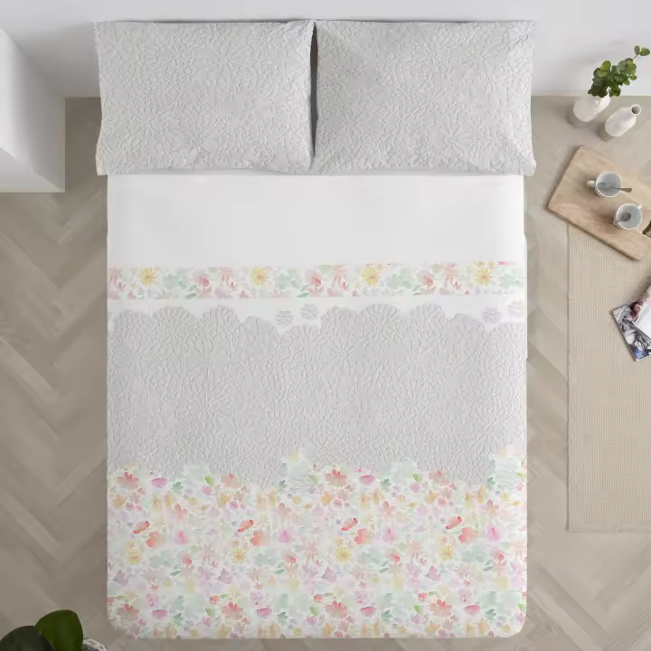 Manterol - Juego de sábanas algodón flores acuareladas. Calidad 100% Algodón. Incluye bajera ajustable, encimera y fundas de almohada. Sábana ligera y fresca, ideal para primavera, verano y entretiempo. - 1