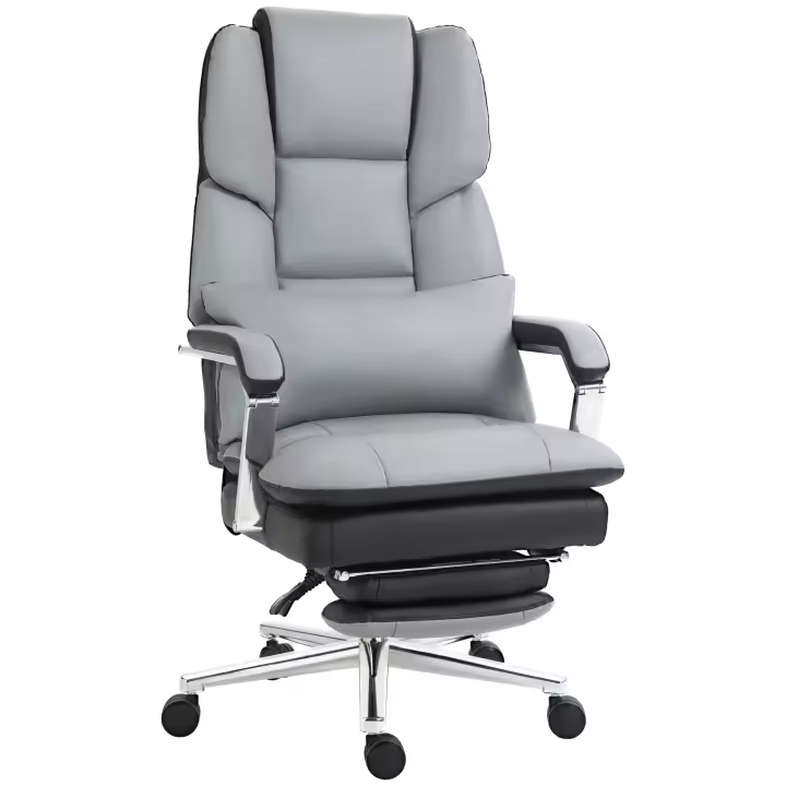 HOMCOM Silla de Oficina, Silla de Escritorio Ergonómica con Función Mecedora, Reposapiés, Silla para Ordenador con Función Reclinable, Silla Giratoria con Cojín Lumbar, Capacidad de Carga hasta 180 kg, Piel Sintética, Gris - 1