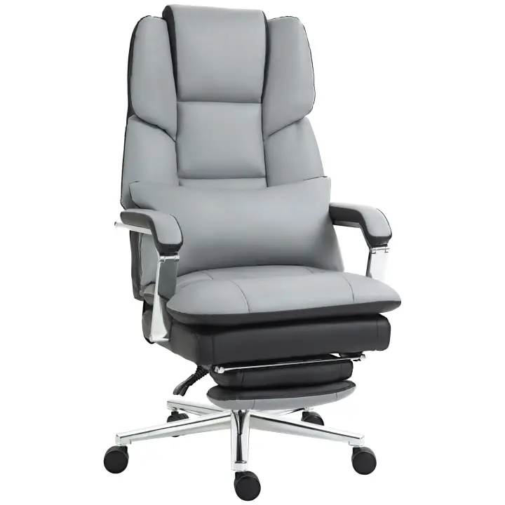 HOMCOM Silla de Oficina, Silla de Escritorio Ergonómica con Función Mecedora, Reposapiés, Silla para Ordenador con Función Reclinable, Silla Giratoria con Cojín Lumbar, Capacidad de Carga hasta 180 kg, Piel Sintética, Gris - 1