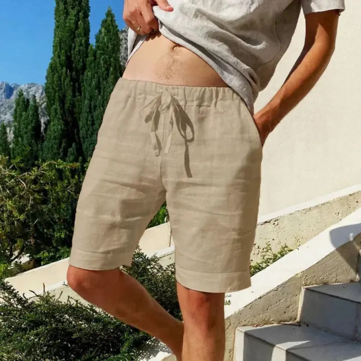 Nuevos Shorts De Algodón Y Lino Para Hombre Pantalones De Playa Veraniegos Transpirables De Color Sólido Estilo Hawaii Fitness Streetwear Talla S-3XL - 1