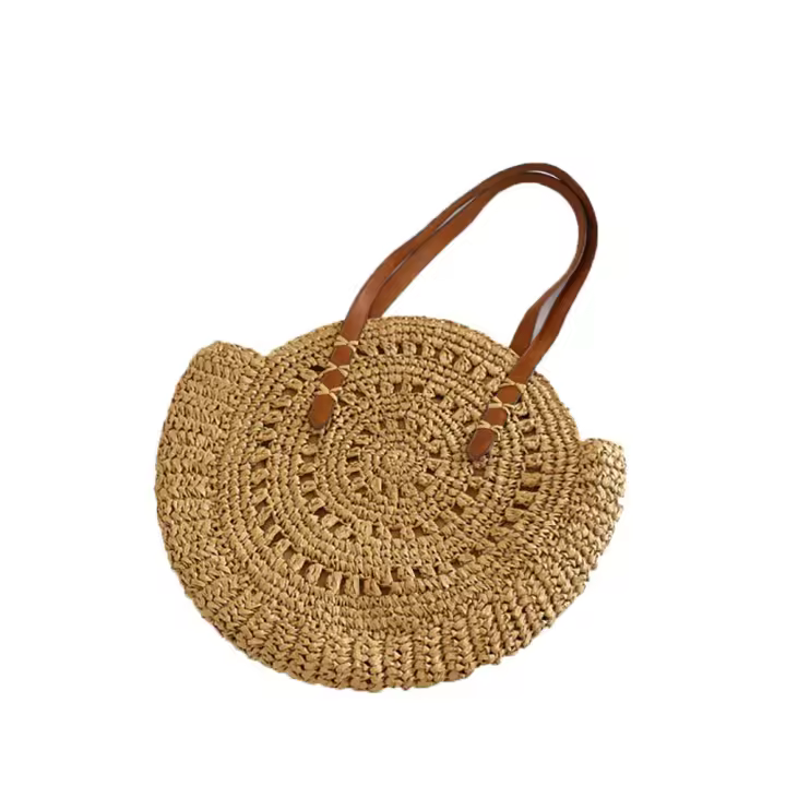 Bolsos de hombro de paja para mujer, bolso redondo tejido - 1