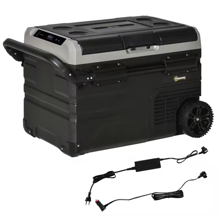 Outsunny Nevera y Congelador de Compresor Portátil  Refrigerador de Coche CC 12V/24V hasta -20℃ con Pantalla LED Táctil Asa Retráctil y Ruedas Negro - 1