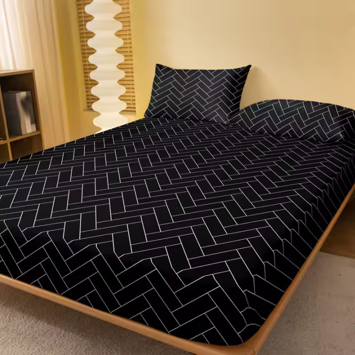 Sábana Ajustada Geométrica Imprimida Mate Para Dormitorio Sin Almohadas Incluidas 100% Poliéster Tejido a Tazo Largo - 1