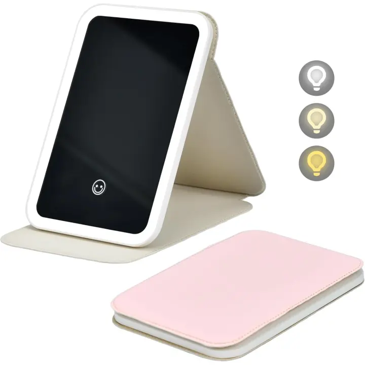 Espejo Maquillaje con Luz, Espejo Tocador con Luz Recargable, Espejo de Viaje Portátil Plegable con Iluminación de 3 Colores 1200mAh - 1