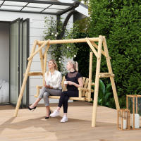 Outsunny Banco Columpio de Jardín de Madera de 2 Plazas Balancín de Jardín Exterior con Bandejas Laterales Reposabrazos y Estructura en A para Patio Porche Carga 240 kg 200x135x175 cm Natural - details 0