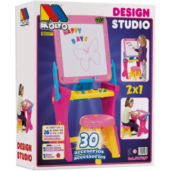 MOLTO | Pupitre Infantil con Pizarra Magnética 3 en 1 | Pizarra Dibujo Infantil | Pizarra con Accesorios | Juguetes Educativos para Niños | Niños a partir de 36 Meses | Color Rosa (11074) - 1