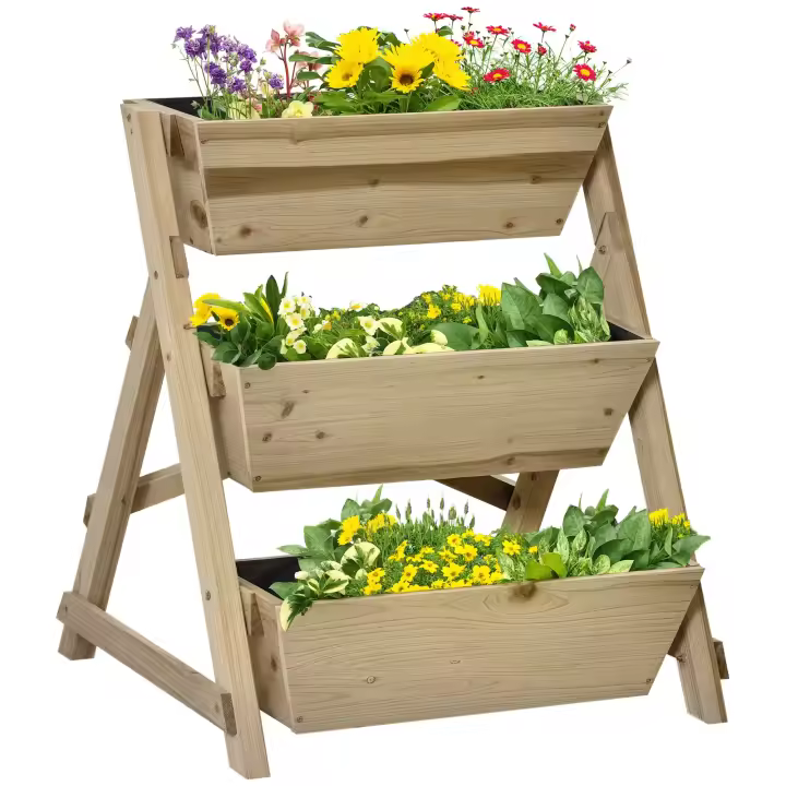 Outsunny Jardinera de Escalera de 3 Niveles Maceteros de Madera Jardinera Vertical con Tela no Tejida y Orificios de Drenaje Huerto Urbano para Plantas Macetas Flores Jardín 71x61x77 cm Natural - 1