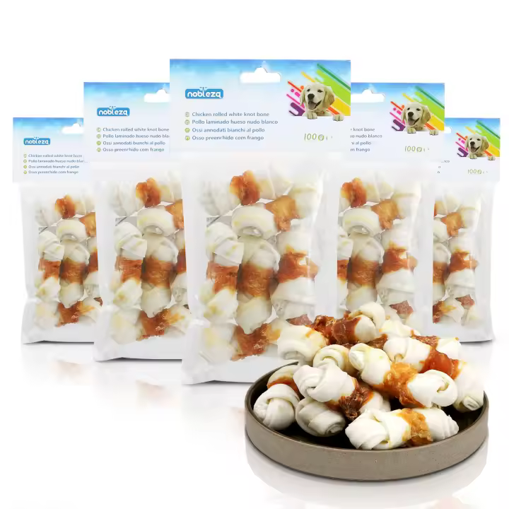Nobleza- Hueso para Masticar con diseño de Pollo para Perros,  Pollo Envuelto Rawhide Huesos con Nudos, Materias Primas Naturales Seleccionadas Golosinas para Perros Naturales - 6 PCS / 600g - 1